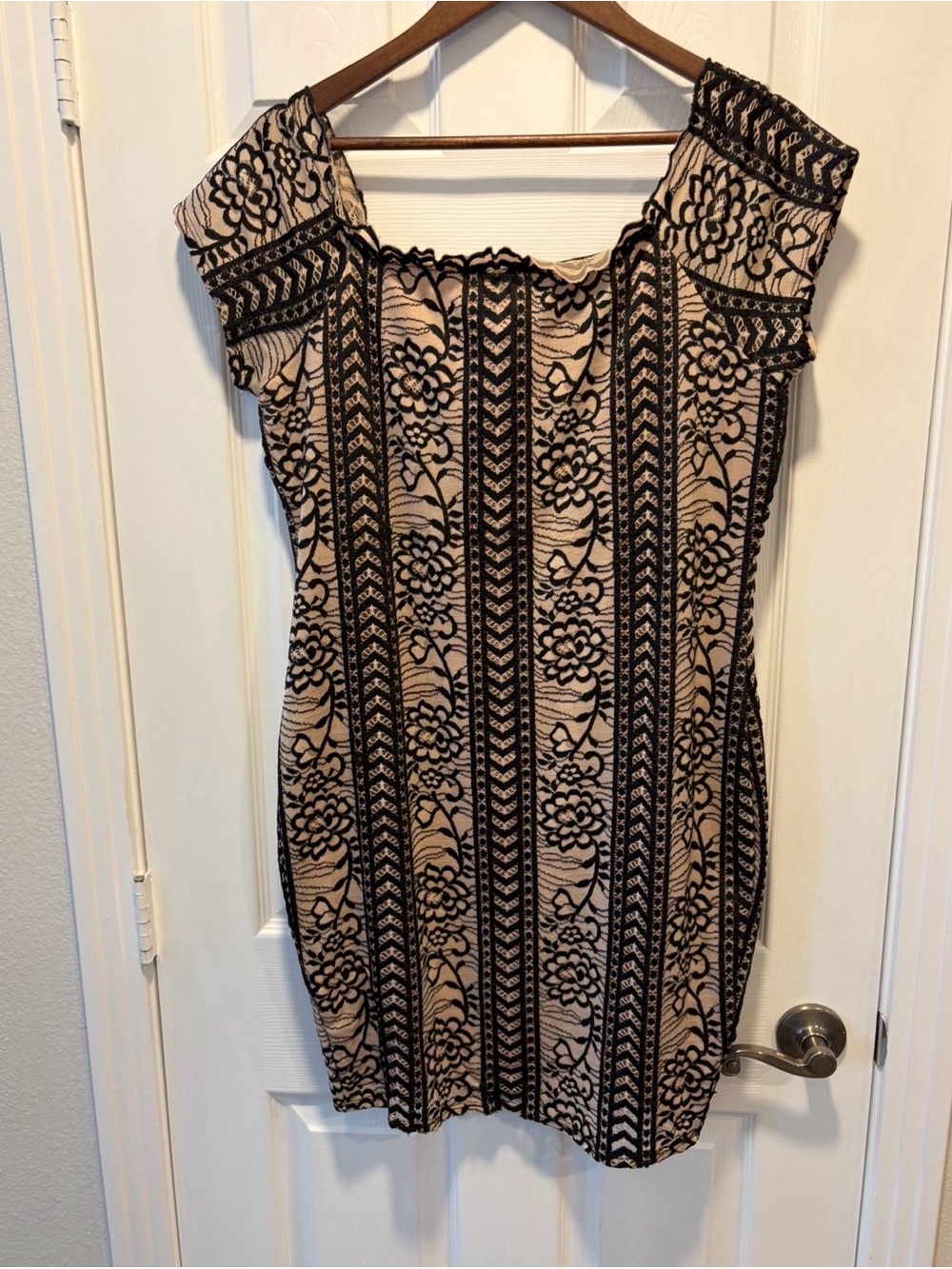 One-Shoulder Beige Dress with Black Lace-Style Floral Stripes